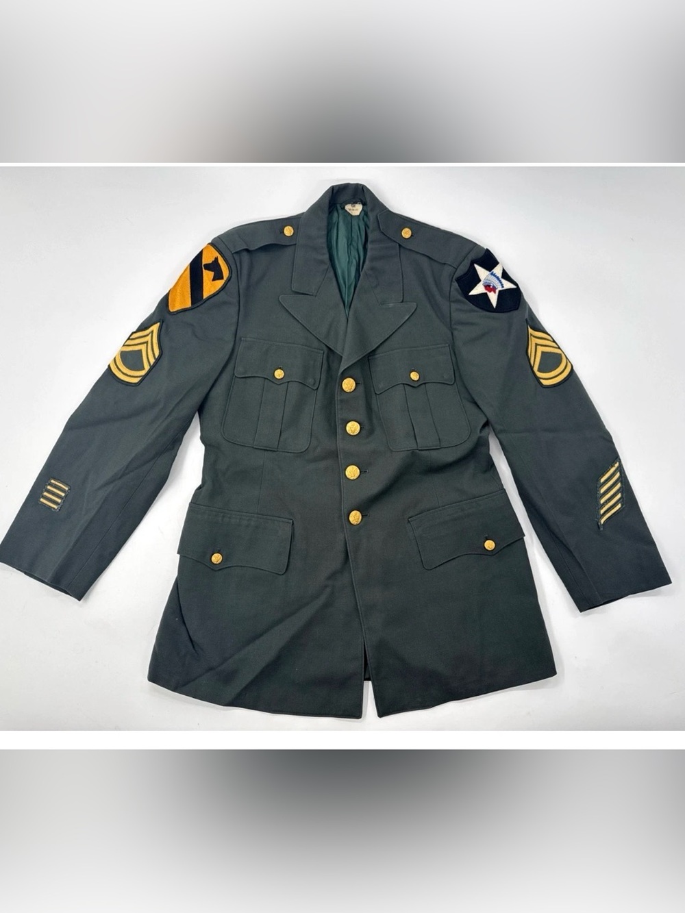 Vintage US Army Wool Serge Coat Dress Jacket Green Mens 40R AG 44 2nd Cavalry